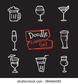 Vector doodle style glasses icons set. Hand drawn collection of drinks