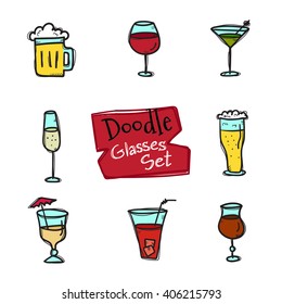 Vector doodle style glasses icons set. Cute hand drawn collection of drinks