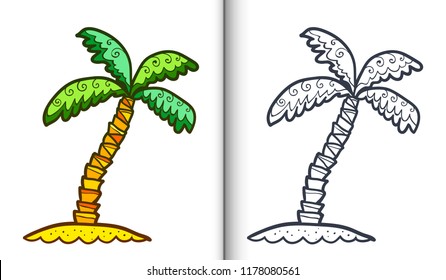 Vector doodle style green palm tree. Coloring book pages with clear lineart and colored sample.