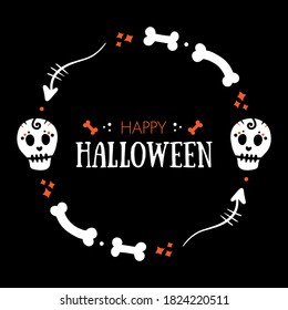 Vector doodle style Halloween greeting card, round frame, illustration with skulls, bones and arrows.
