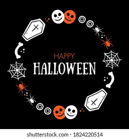 Vector doodle style Halloween greeting card, round frame, illustration with coffins, spiders with spider webs, scary faces and bones.
