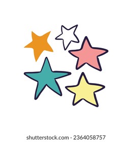 Vector doodle style hand drawing. colored stars of different shapes. isolated vector illustration.