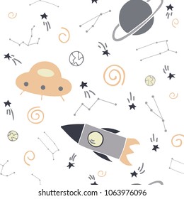 Vector doodle style hand drawn rockets and stars in space seamless pattern. Scandinavian kids style. 
Perfect for baby fabric, textile, nursery wallpaper.