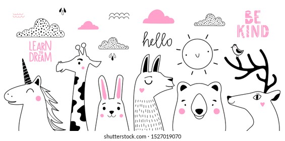 Vector doodle style hand drawn sketch collection with animals, clouds, sun and lettering words. Deer, llama, bear, rabbit, giraffe and magic unicorn. Home decoration typography poster, apparel print 