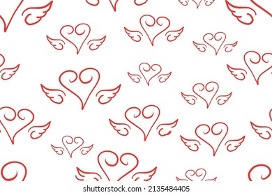 Vector doodle style hand drawn hearts with wings texture. Flying Hearts Vector Seamless Pattern on White Background. Valentine's Day, Women's Day, Mother's Day Concept. Can be used in textile prints.