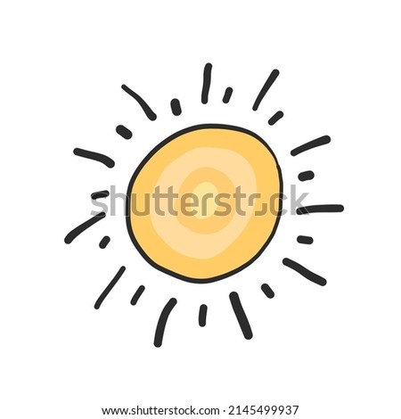 Vector Doodle Style Hand Drawn Shining Sun Isolated on White Background. Summer Time Sunny Texture. Sun with doodle rays background for Print or Website Uses. yellow scribble lines. Kids arts.