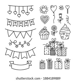 Holiday Party im Stil von Vector Doodle, Love Symbole Set. Geschenke, Flaggengarten, Cupcakes, Süßigkeiten, Herzen. Handgezeichneter Valentinstag, Geburtstagskollektion für Design-Grußkarte, Poster
