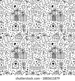 Vector Doodle style Holiday Symbols Seamless Pattern. Gifts, Flag Garland, Sweets, Letter, Balloon. Valentines Day, Birthday background for design scrapbooking, wrapping paper, textile