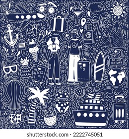 vector  doodle style illustration in black and dark blue color, hand drawn elements related to traveling