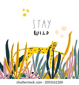 Vector doodle style illustration Cartoon leopard in jungle leaves and plants
