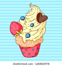 A vector doodle style illustration of a cute cupcake, hand drawn, with berries, chocolate heart and strawberry and tasty whipped cream, colorful drawing for posters, banners, menus, ads, leaflets