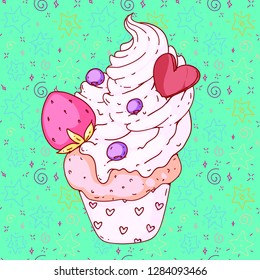 A vector doodle style illustration of a cute cupcake, hand drawn, with berries, chocolate heart and strawberry and tasty whipped cream, colorful drawing for posters, banners, menus, ads, leaflets
