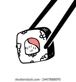 Vector doodle style illustration of holding salmon sushi maki roll with chopsticks isolated on white background