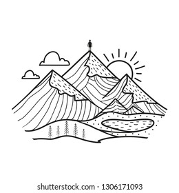 Vector doodle style illustration with man on the top of the mountains. Motivate typography poster about goal achievement, hiking, adventures. Snow, sun, clouds, lake and pine trees