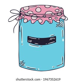 Vector doodle style jar with black outline. Jar with a label.