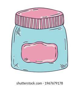Vector doodle style jar with black outline. Jar with a label.