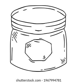 Vector doodle style jar with black outline. Jar with a label.
