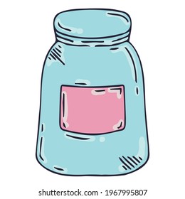 Vector doodle style jar with black outline. Jar with a label.