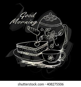 Vector doodle style lettering "Good Morning!" with cup of coffee, piece of cake and teapot