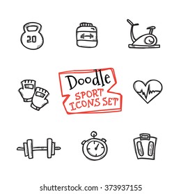 Vector doodle style line icons sports set. Cute hand drawn collection of sport objects
