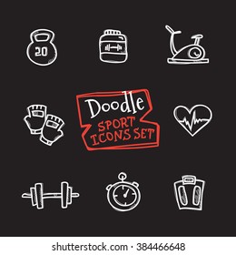 Vector doodle style line icons sports set. Cute hand drawn collection of sport objects
