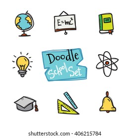 Vector doodle style line icons school set. Cute hand drawn collection of education objects