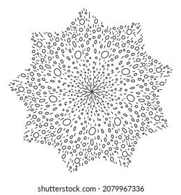 Vector doodle style mandala, black outline flower, fountain or fireworks. Isolated on white background. Hand drawn art for coloring books and design.