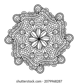 Vector doodle style mandala, black outline flower. Isolated on white background. Hand drawn art for coloring books and pattern designs.