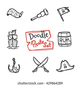 Vector doodle style pirate icons set. Hand drawn collection of pirate objects