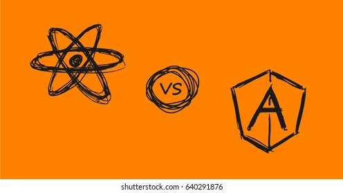 Vector Doodle Style React Js Verses Angular Js Symbols On Orange Background