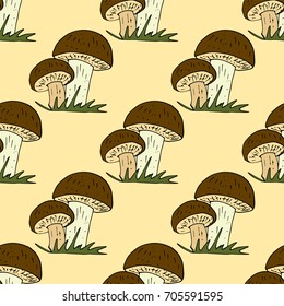 Vector doodle style seamless pattern with forest mushrooms. Ornamental, traditional, seamless pattern with forest mushroom. Nature vector.