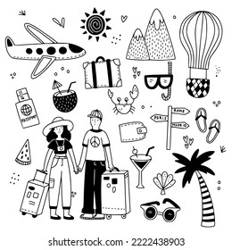 vector  doodle style set in black and white color, hand drawn elements related to traveling. a couple in a trip