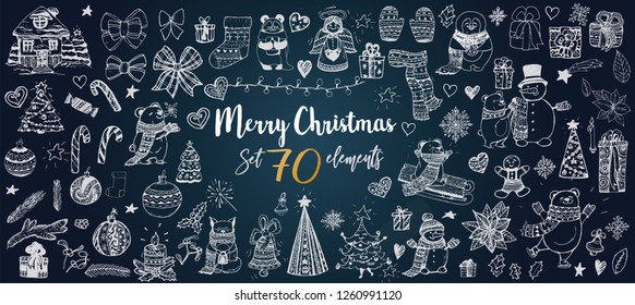 Vector Doodle style set. Holidays symbols. Perfect for Christmas and New-Year greeting cards decorations.
