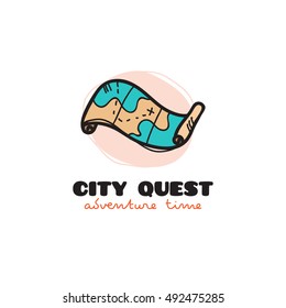 Vector Doodle Style Treasure Map Logo. City Quest Sketch Symbol