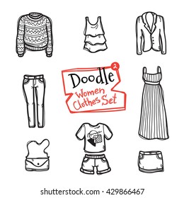 Vector doodle style women clothes icons set. Hand drawn collection of fashion objects