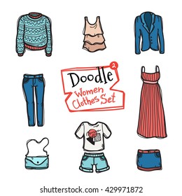 Vector doodle style women clothes icons set. Hand drawn collection of fashion objects