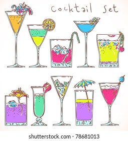 vector doodle summer cocktail set