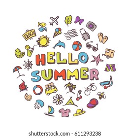 Vector doodle summer icons set. Stock cartoon signs for design.