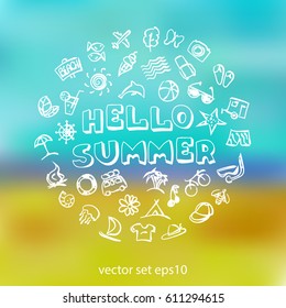 Vector doodle summer icons set. Stock cartoon signs for design.