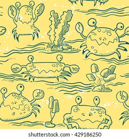 Vector doodle  summer seamless pattern with crab characters and water waves