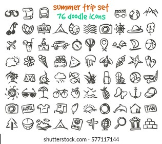 Vector Doodle Summer Trip Icons Set. Stock Cartoon Signs For Design.