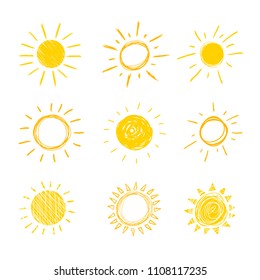 Vector Doodle Sun, Set of Hand Drawn Funny Icons Isolated on White Background,.