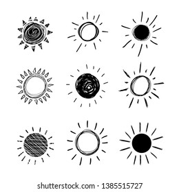 Vector Doodle Sun, Set of Hand Drawn Black Icons Isolated on White Background,.