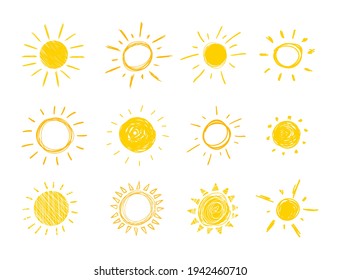 Vector Doodle Sun, Set of Hand Drawn Funny Icons Isolated on White Background, Bright Yellow Color.