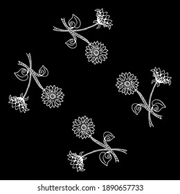 Vector doodle sunflower flowers close-up with leaves, for decoration of clothes, tiles, scrapbook, children's books.
