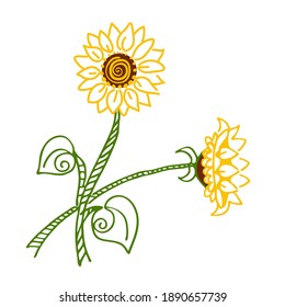 Vector doodle sunflower flowers close-up with leaves, for decoration of clothes, tiles, scrapbook, children's books.