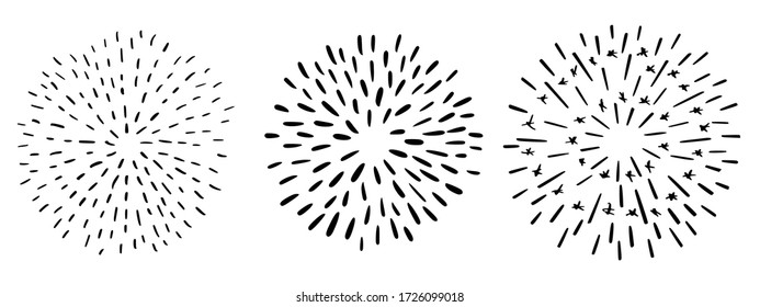 Vector Doodle Sunrays or Starbursts Set. Hand Drawn Circle Design Black and White Elements.