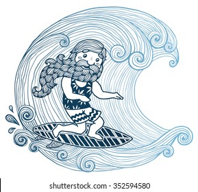 Vector doodle surfer with long beard at short board in curly wave