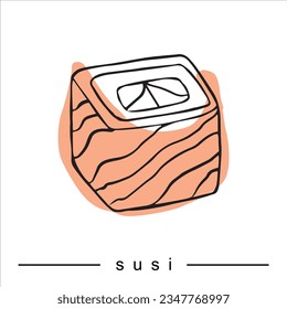 Vector doodle sushi or sashimi. Delicious hearty rolls are collected for decoration and infographics illustrating food. Rice, salmon, tuna, avocado, tobiko, nori