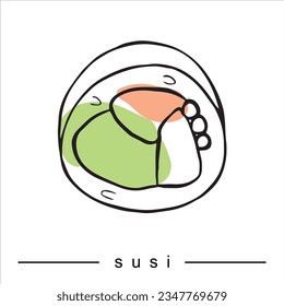 Vector doodle sushi or sashimi. Delicious hearty rolls are collected for decoration and infographics illustrating food. Rice, salmon, tuna, avocado, tobiko, nori